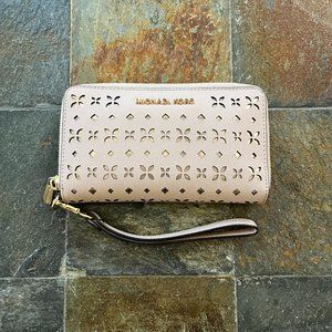 Michael Kors Hayley Laser Cut Floral Light Pink Wallet with Wrist strap